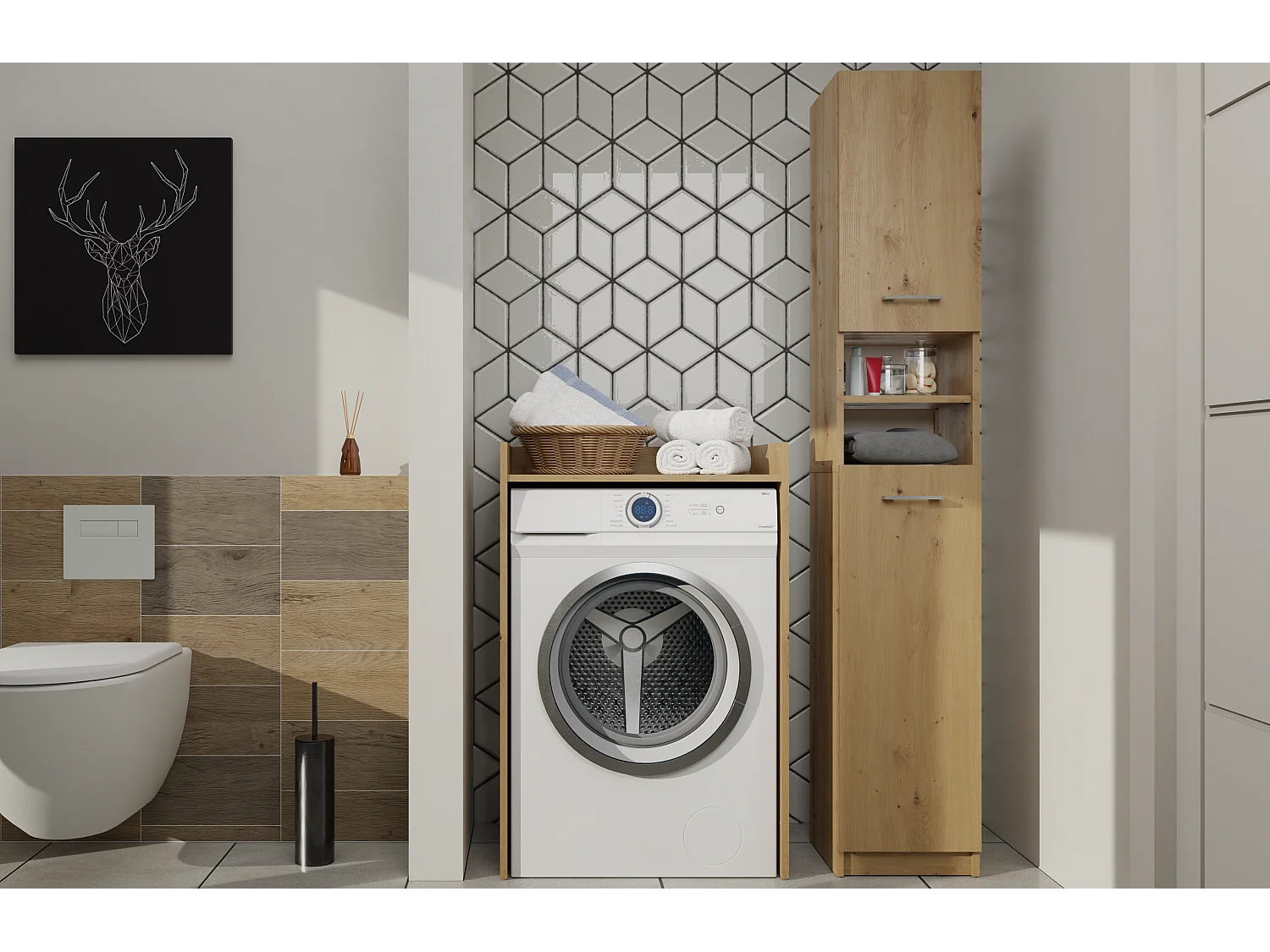 Szafka na Pralkę Pola NP |  Dąb Artisan | 64x50x97,5 cm | Stojąca Szafka Łazienkowa