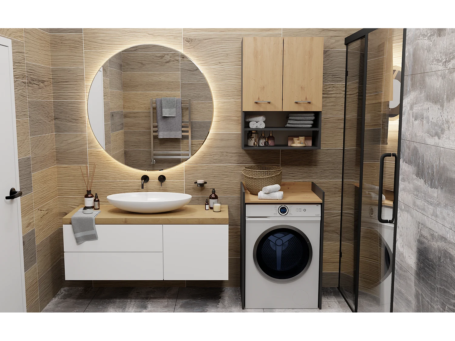 Szafka na Pralkę Pola NP | Antracyt/Dąb Artisan| 64x50x97,5 cm | Stojąca Szafka Łazienkowa