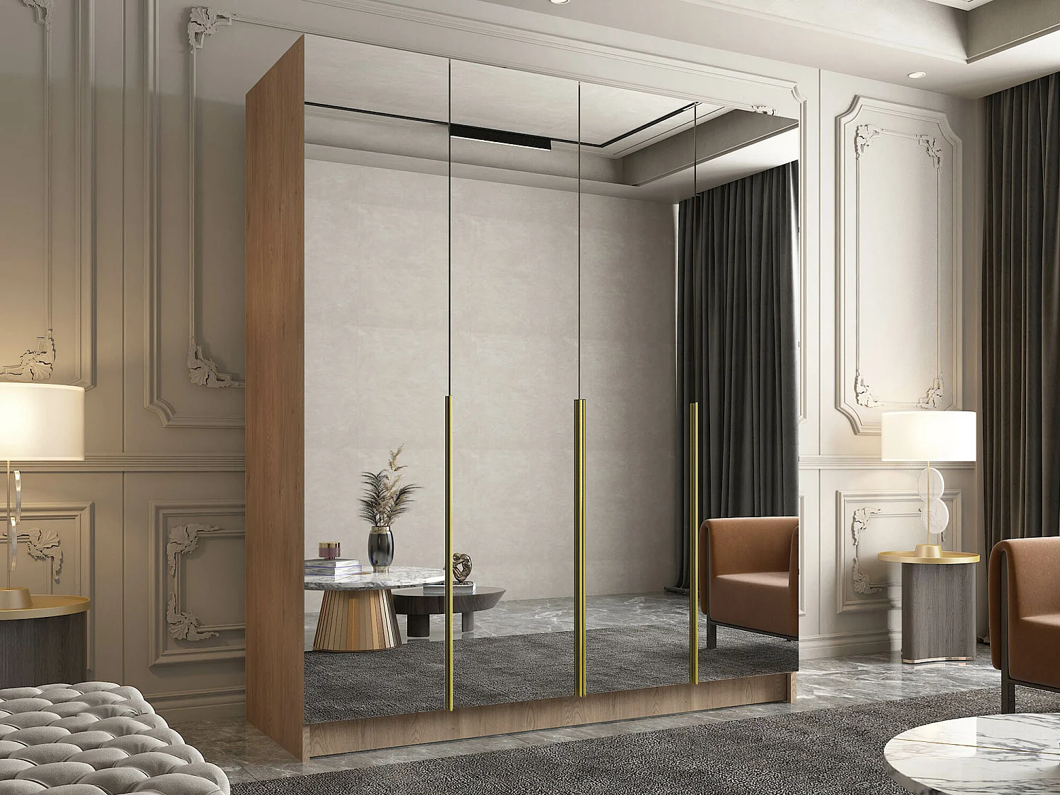 Armario Closico 190, Luminoso madera|Dorado, 215x200x58cm