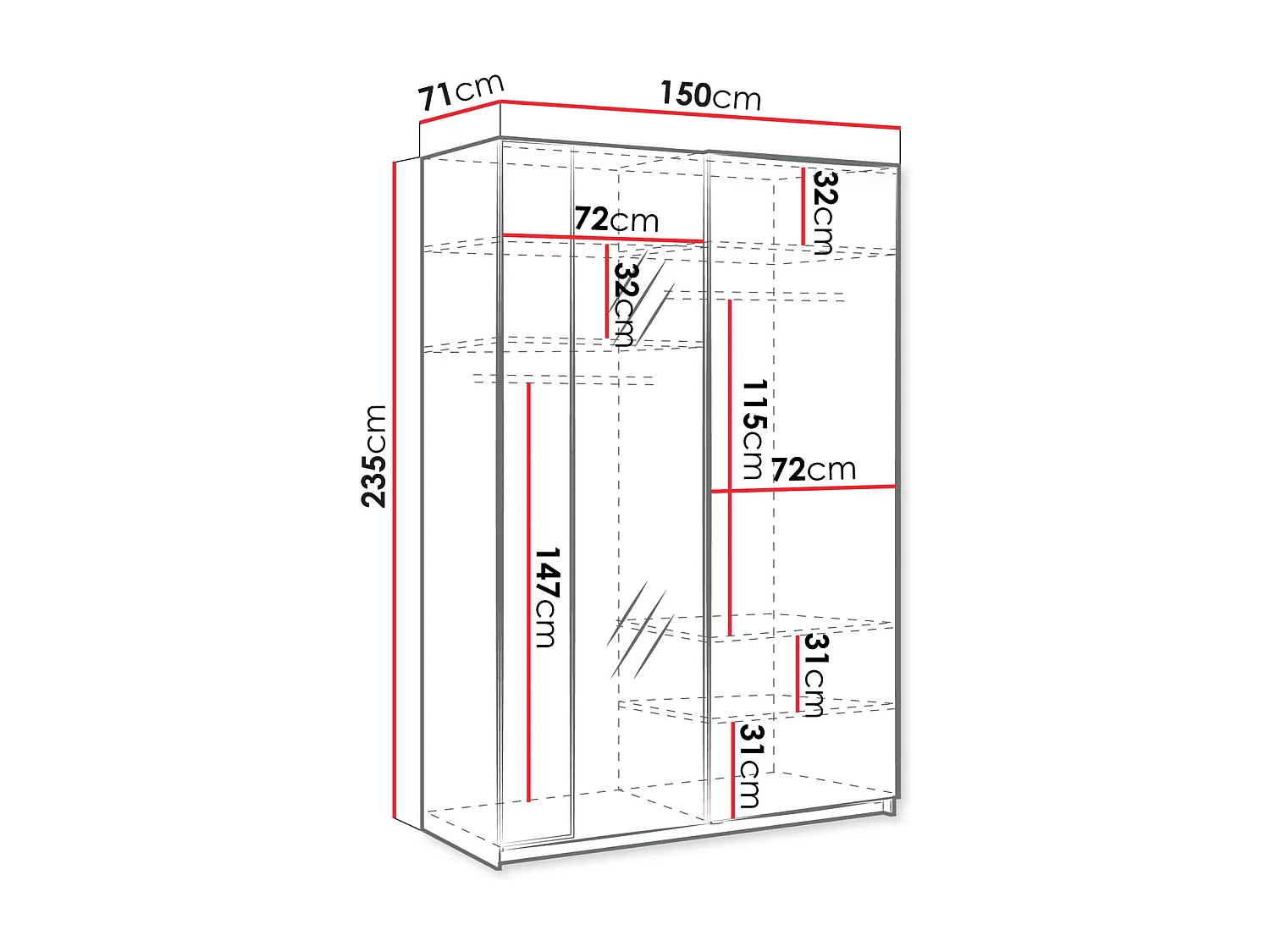 Armoire Fresno 158, Blanc, 235x150x71cm, Portes d'armoire: Coulissantes