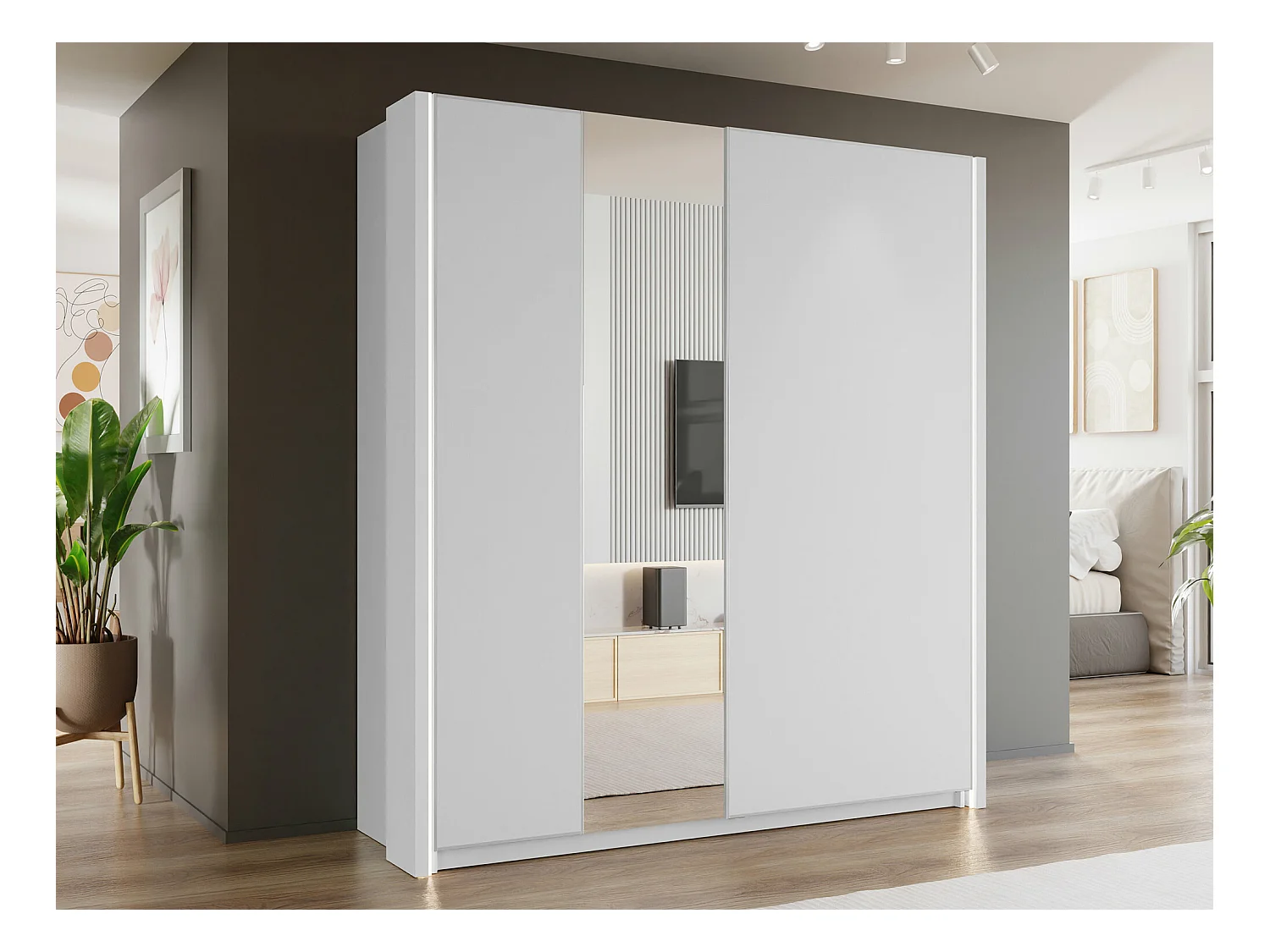 Armoire Fresno 159, Blanc, 235x71cm, Portes d'armoire: Coulissantes