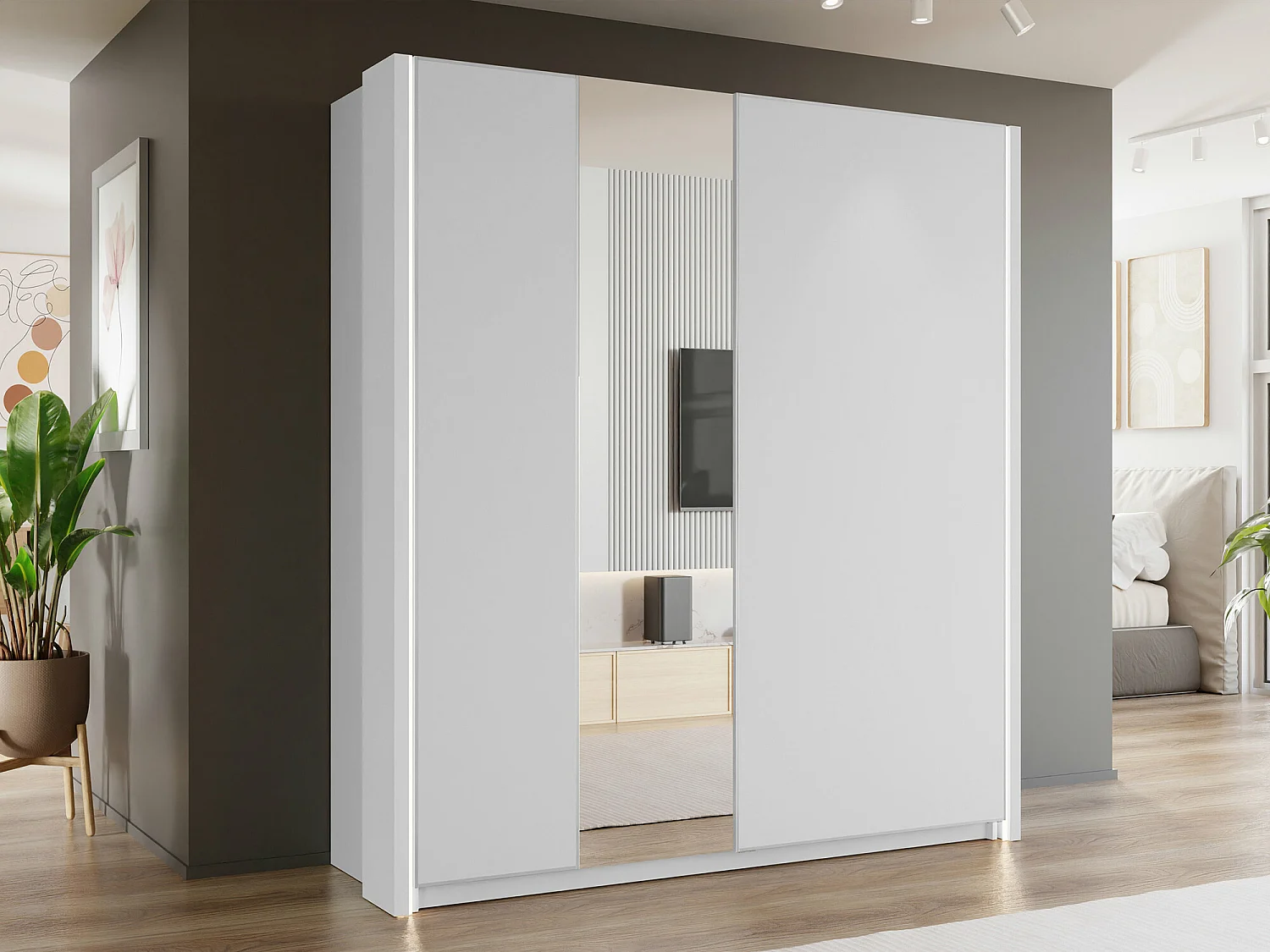 Armoire Fresno 159, Blanc, 235x71cm, Portes d'armoire: Coulissantes