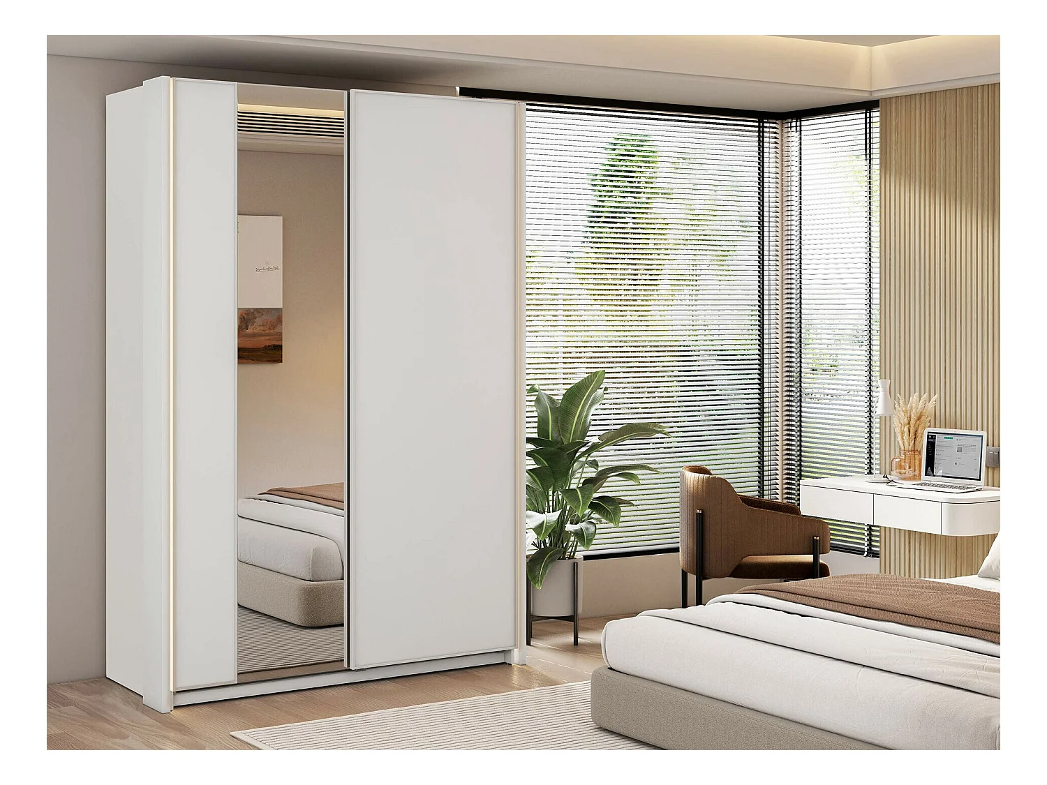 Armoire Fresno 158, Blanc, 235x160x71cm, Portes d'armoire: Coulissantes