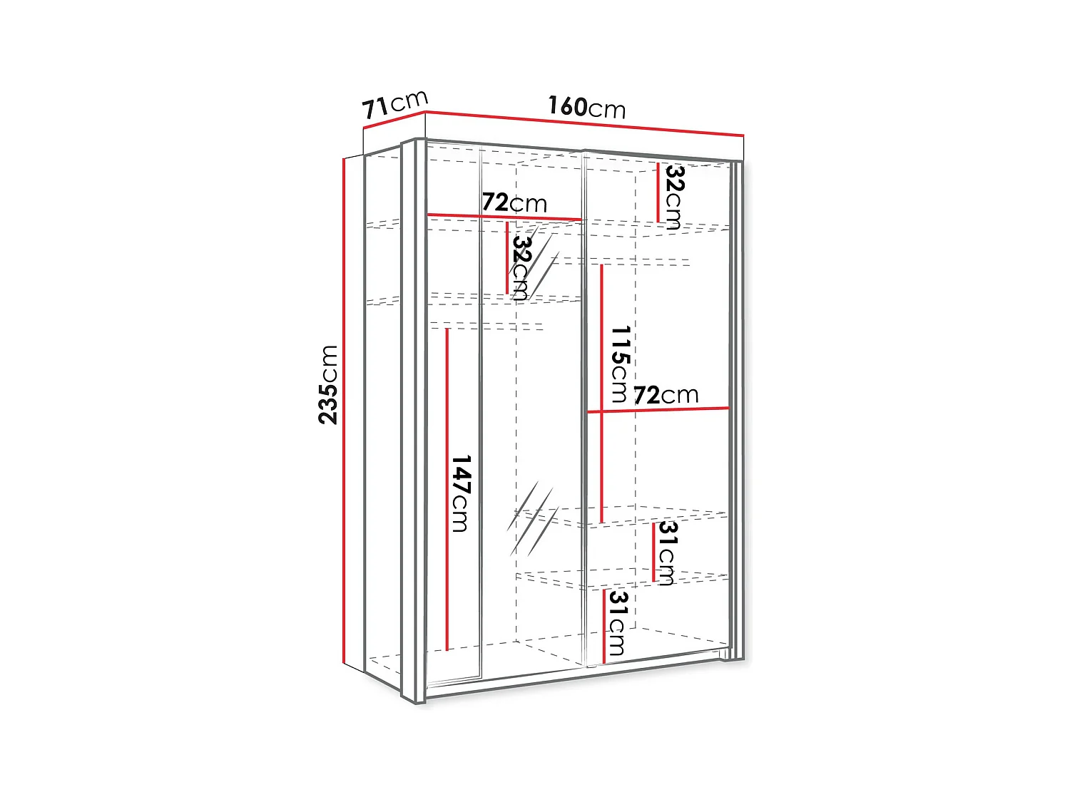 Armoire Fresno 158, Blanc, 235x160x71cm, Portes d'armoire: Coulissantes