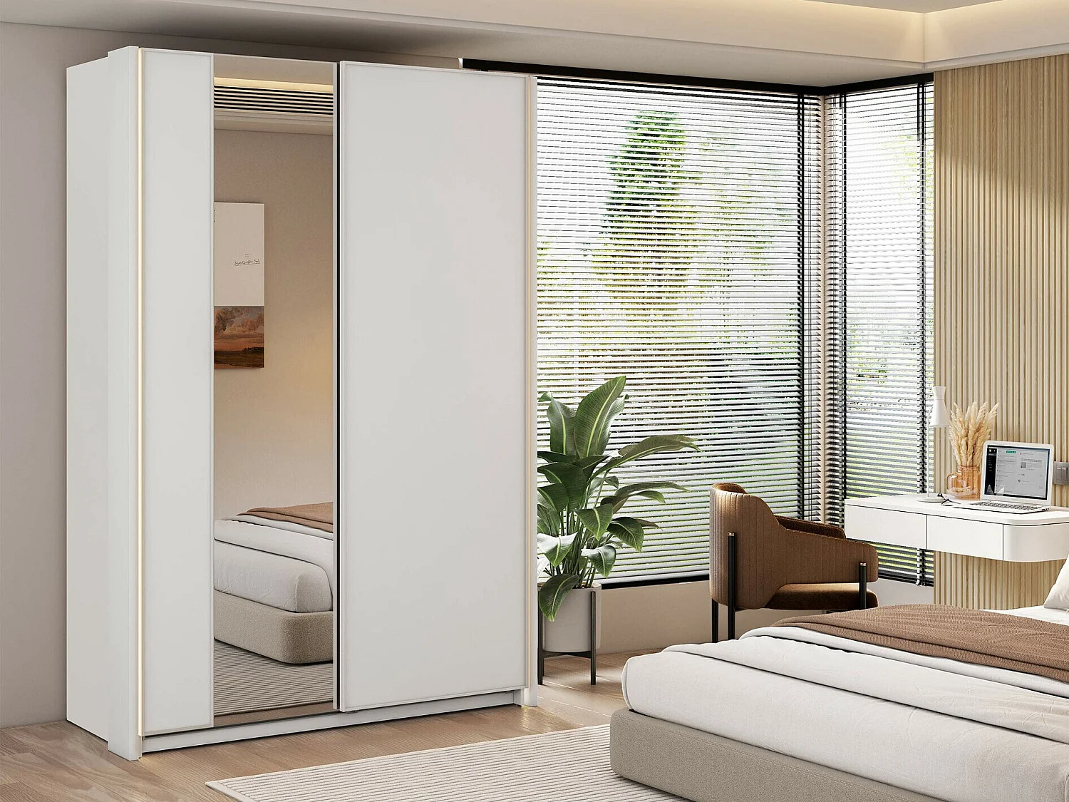 Armoire Fresno 158, Blanc, 235x160x71cm, Portes d'armoire: Coulissantes