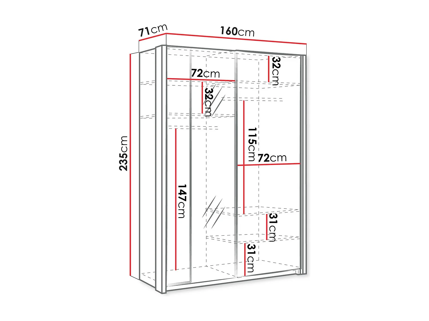 Armoire Fresno 158, Blanc, 235x160x71cm, Portes d'armoire: Coulissantes