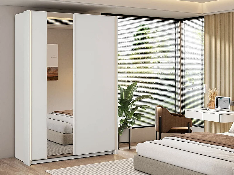 Armoire Fresno 158, Blanc, 235x160x71cm, Portes d'armoire: Coulissantes