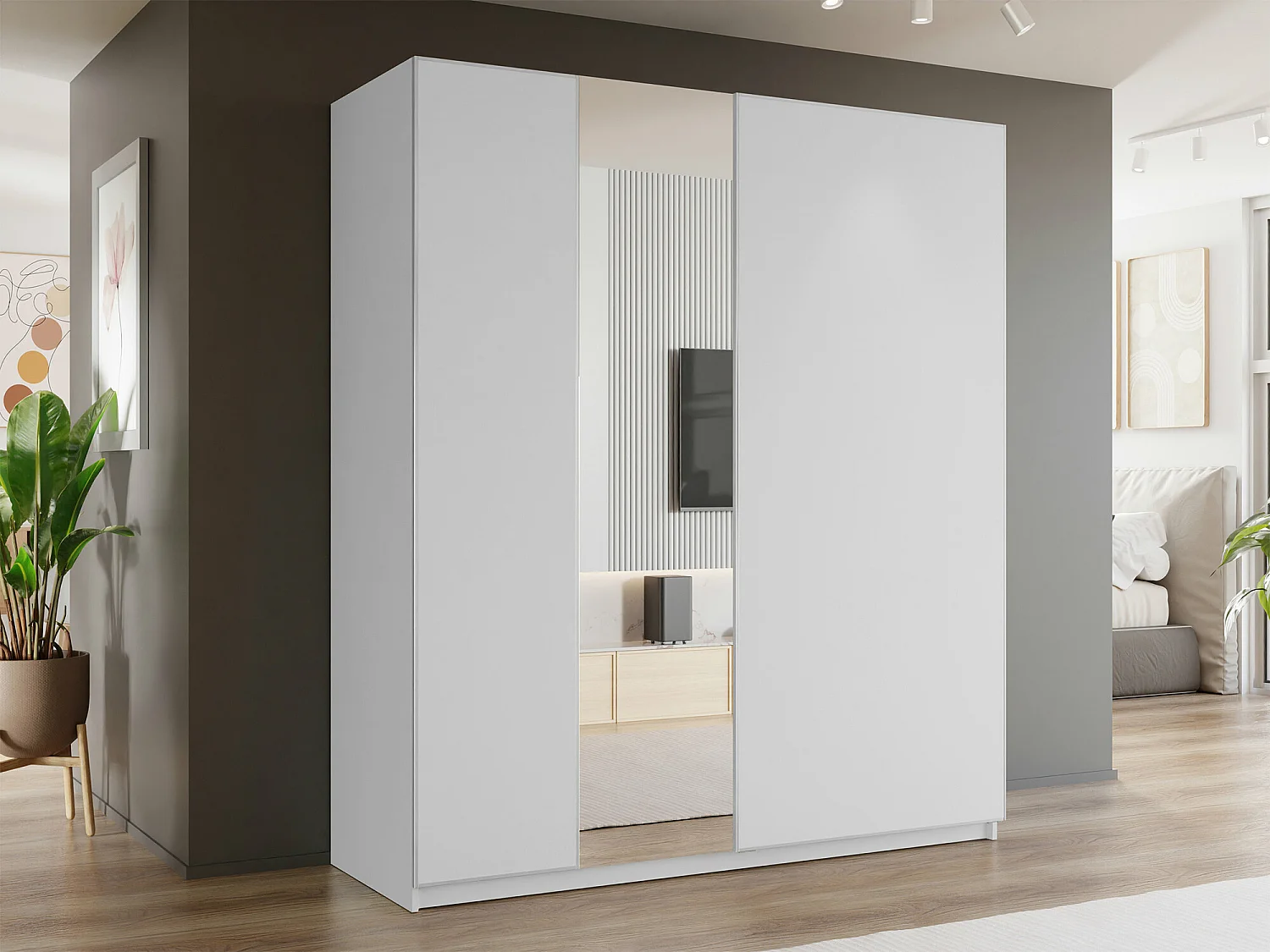 Armoire Fresno 159, Blanc, 235x71cm, Portes d'armoire: Coulissantes