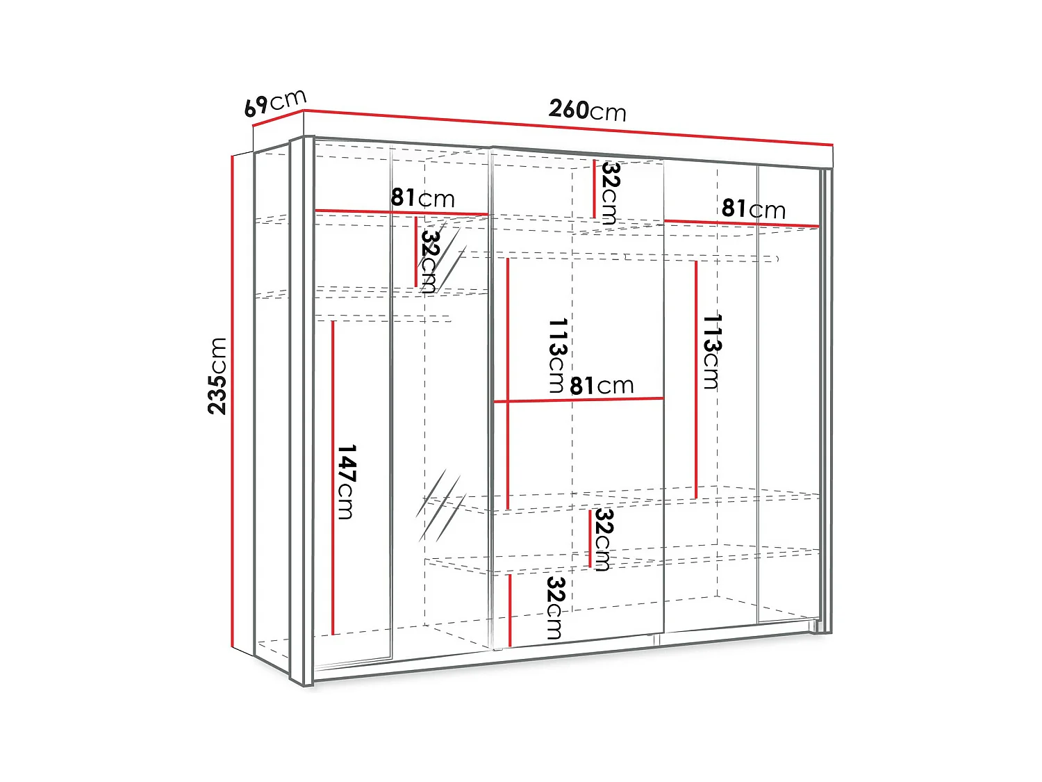 Armoire Fresno 160, Blanc, 235x260x69cm, Portes d'armoire: Coulissantes