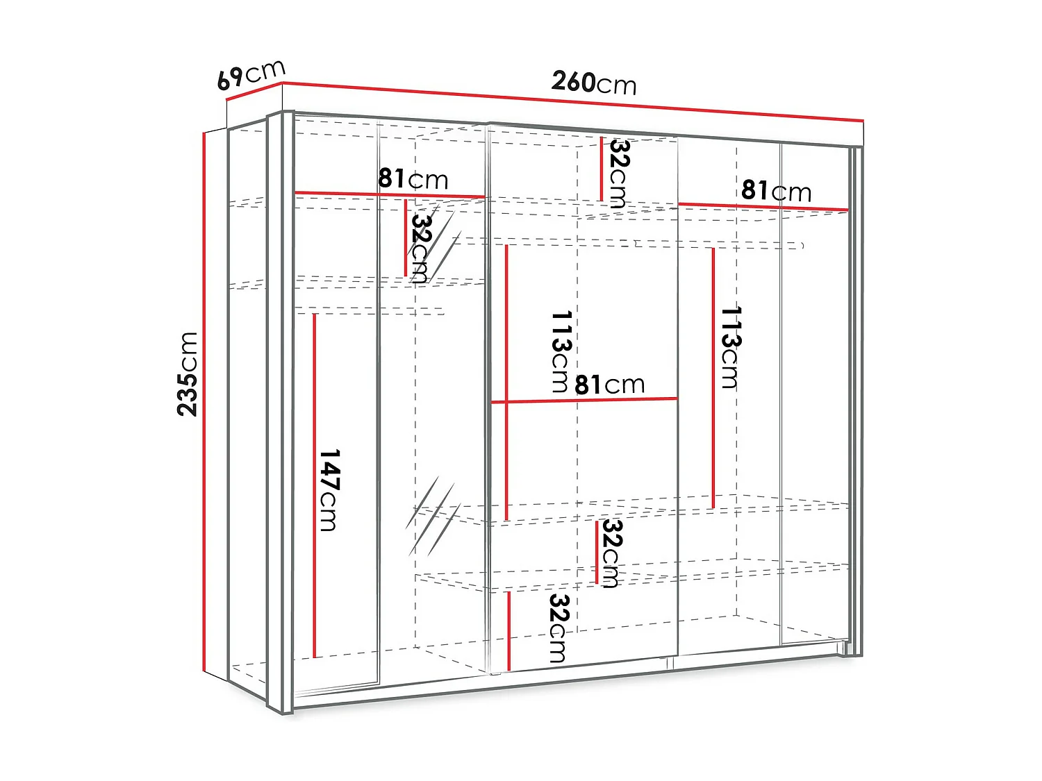 Armoire Fresno 160, Blanc, 235x260x69cm, Portes d'armoire: Coulissantes