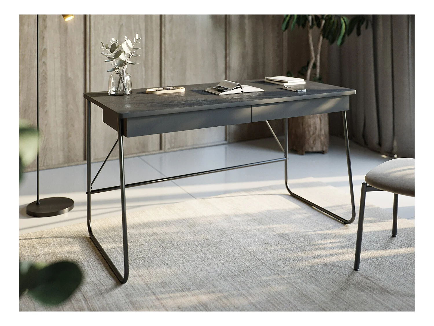 Bureau Fresno 161, Avec tiroirs, 77x135x67cm, Noir