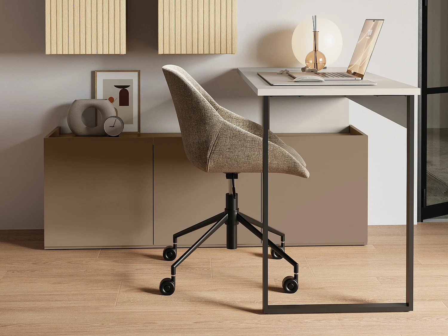 Bureau Delruvi 110, Avec des portes, 77x125x55cm, Truffe|Noir|Cachemire