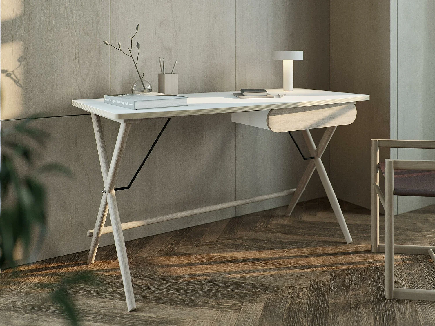 Bureau Fresno 163, Avec tiroirs, 77x135x67cm, Chêne clair|Blanc