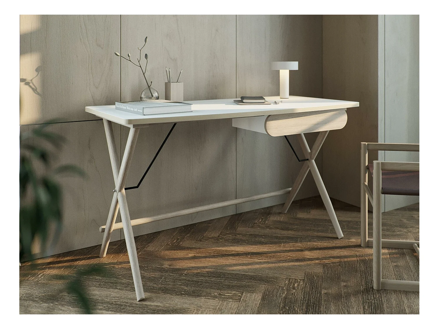 Bureau Fresno 163, Avec tiroirs, 77x135x67cm, Chêne clair|Blanc
