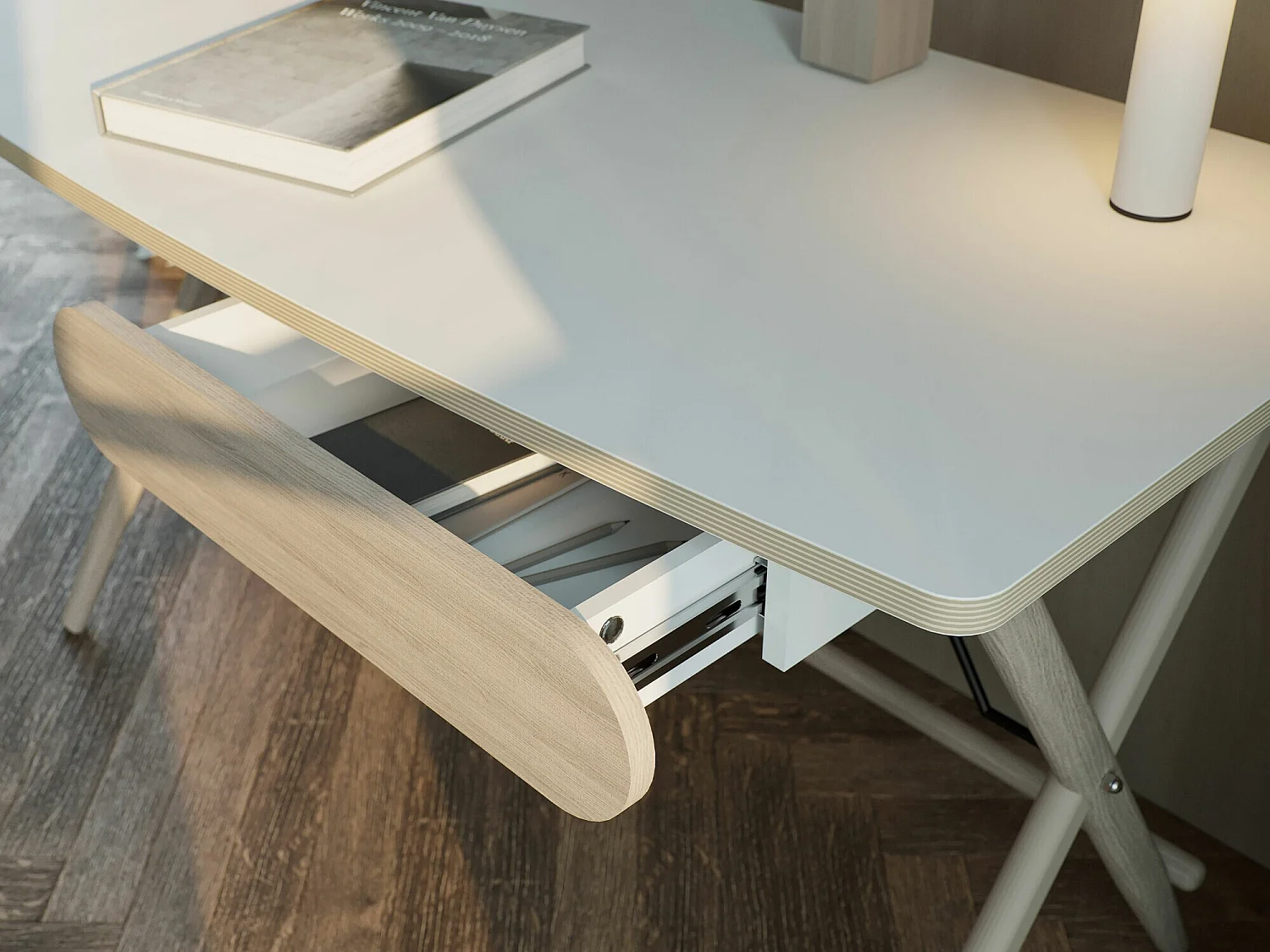 Bureau Fresno 163, Avec tiroirs, 77x135x67cm, Chêne clair|Blanc