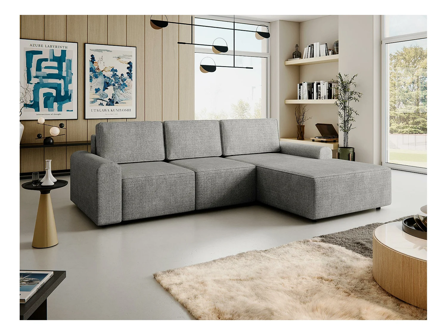 Canapé d'angle Stonecrest 105, Gris, Fonction de couchage, Boîte de literie, 258x168x85cm