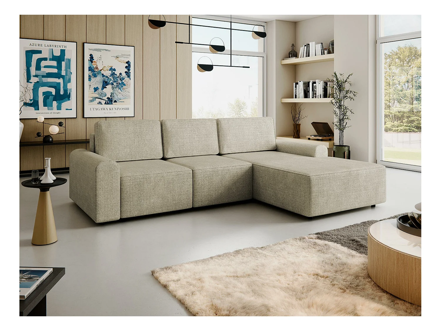 Canapé d'angle Stonecrest 105, Brun clair, Fonction de couchage, Boîte de literie, 258cm