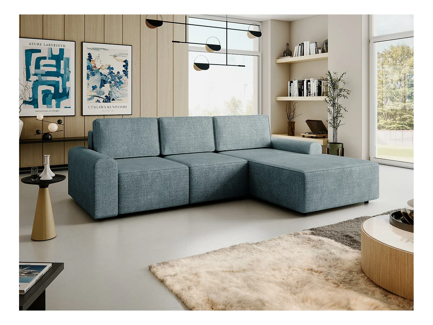 Canapé d'angle Stonecrest 105, Bleu, Fonction de couchage, Boîte de literie, 258x168x85cm
