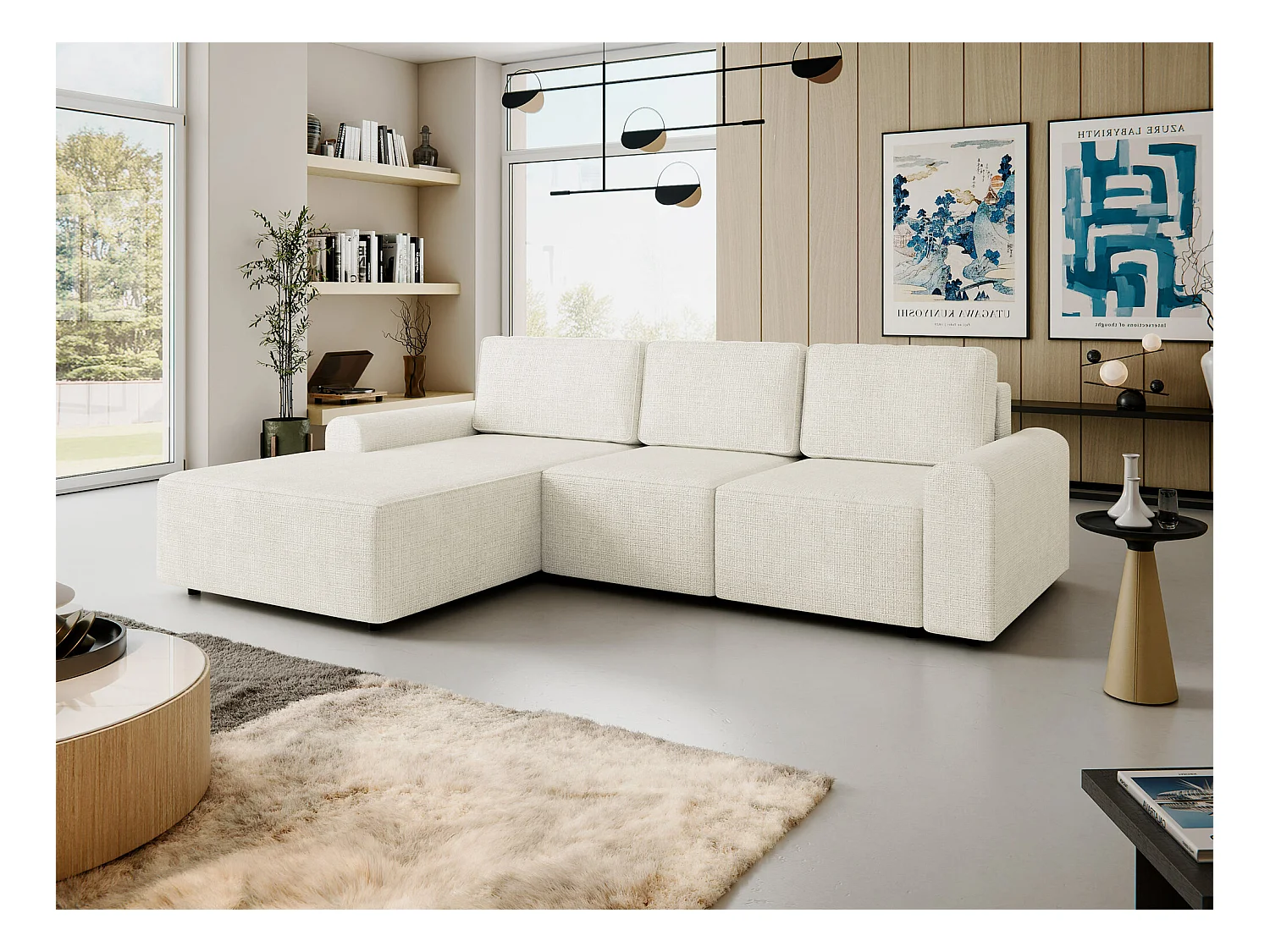 Canapé d'angle Stonecrest 105, Brun clair, Fonction de couchage, Boîte de literie, 258cm