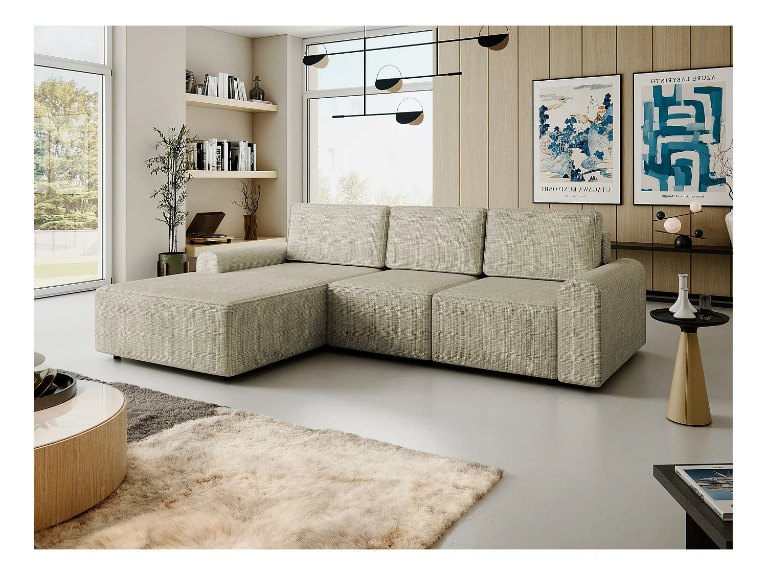 Canapé d'angle Stonecrest 105, Brun clair, Fonction de couchage, Boîte de literie, 258cm