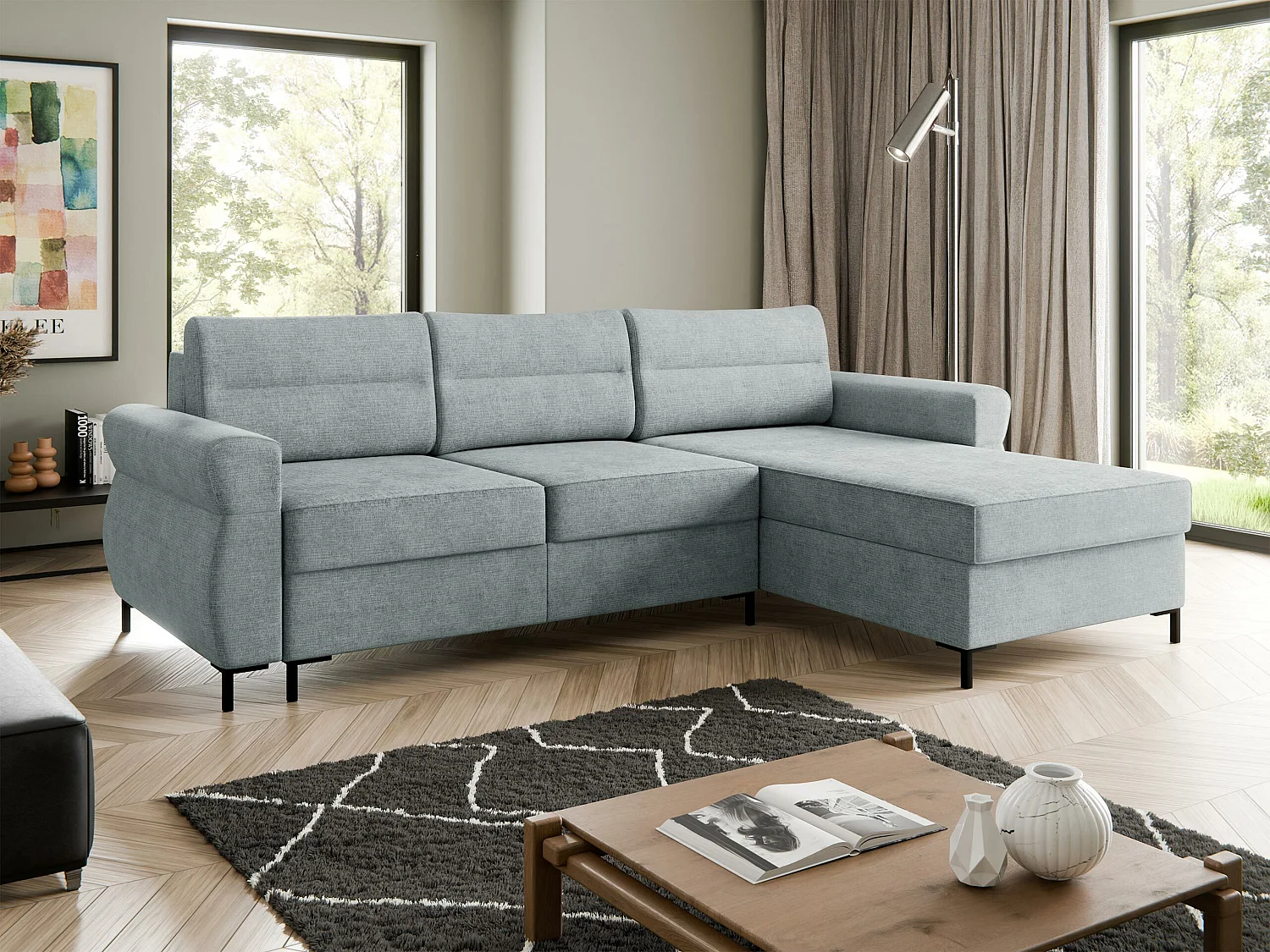 Canapé d'angle Stonecrest 103, Gris, Fonction de couchage, Boîte de literie, 258x170x92cm