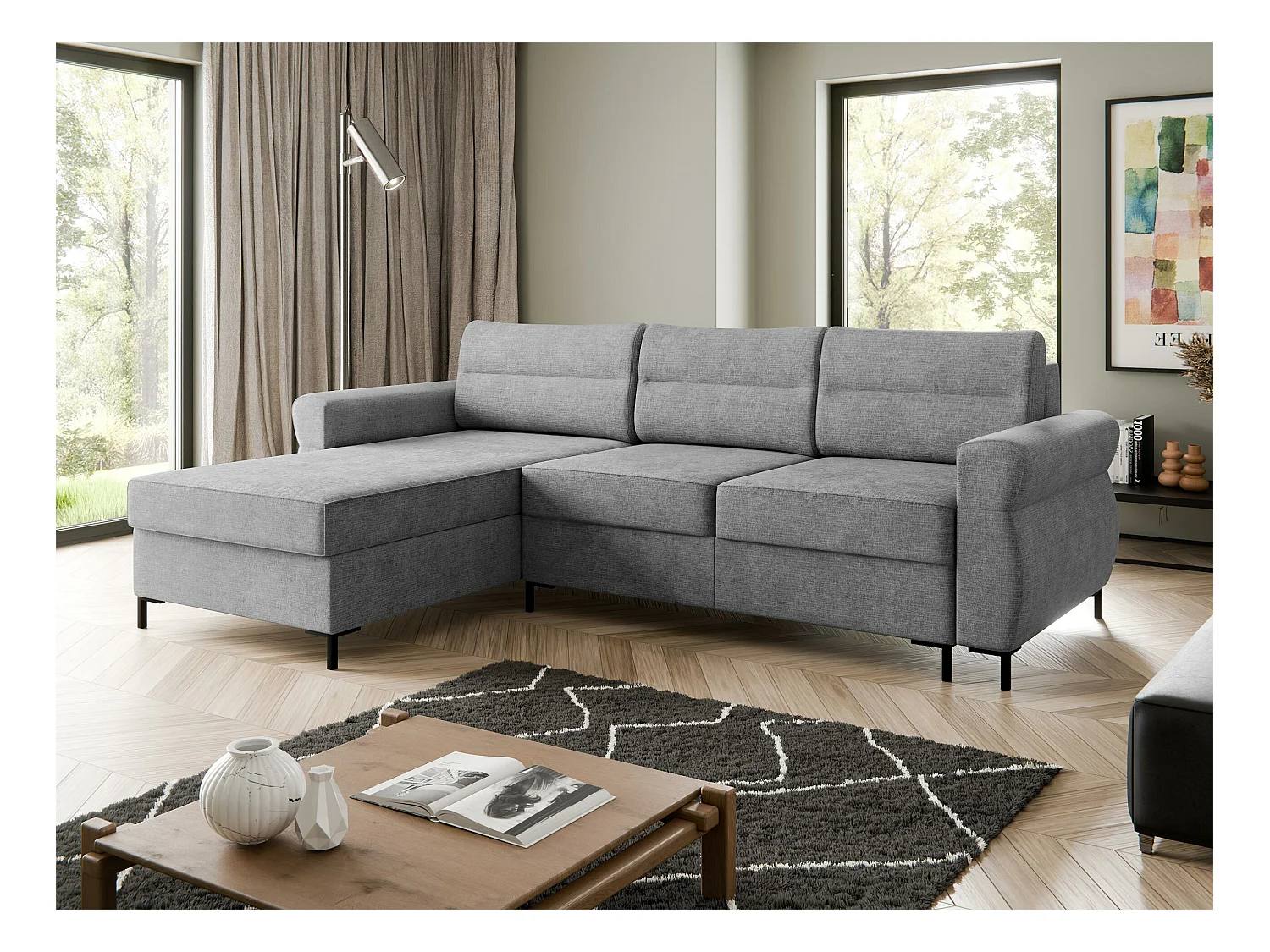 Canapé d'angle Stonecrest 103, Gris, Fonction de couchage, Boîte de literie, 258x170x92cm