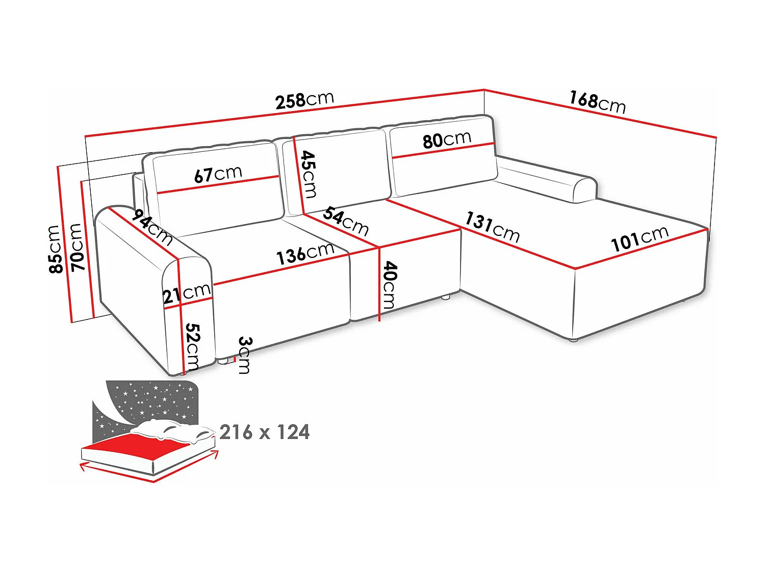 Canapé d'angle Stonecrest 105, Gris, Fonction de couchage, Boîte de literie, 258x168x85cm