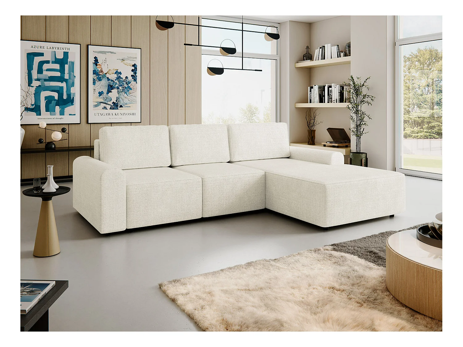 Canapé d'angle Stonecrest 105, Brun clair, Fonction de couchage, Boîte de literie, 258cm