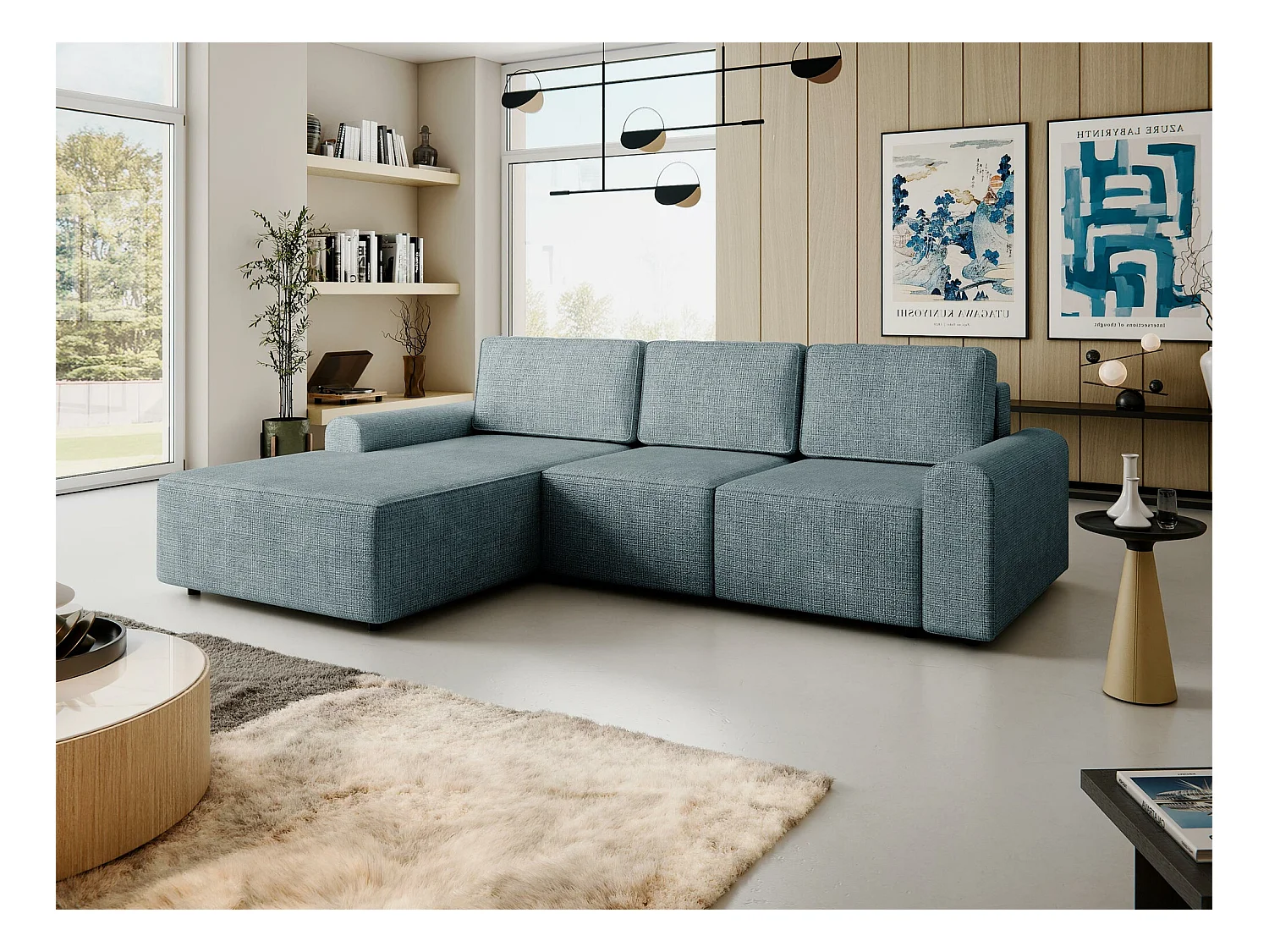 Canapé d'angle Stonecrest 105, Bleu, Fonction de couchage, Boîte de literie, 258x168x85cm