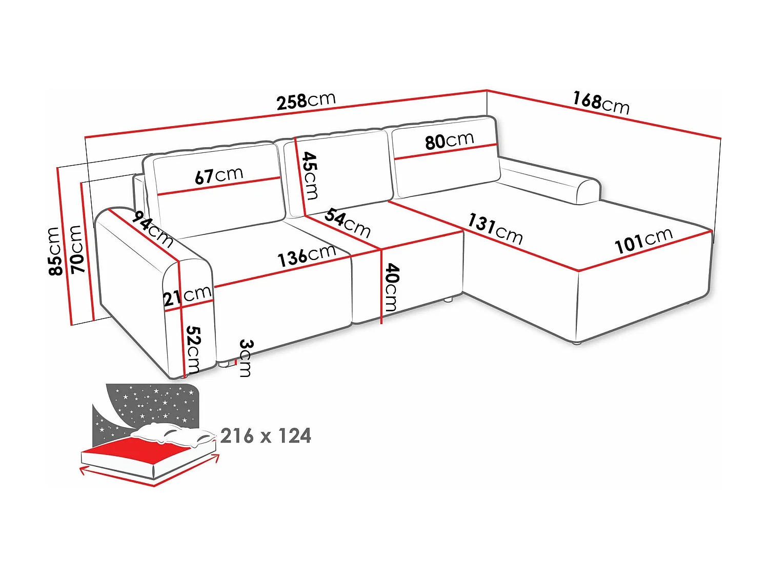 Sofá rinconero Stonecrest 105, Azul, Función de descanso, Almacenaje, 258x168x85cm