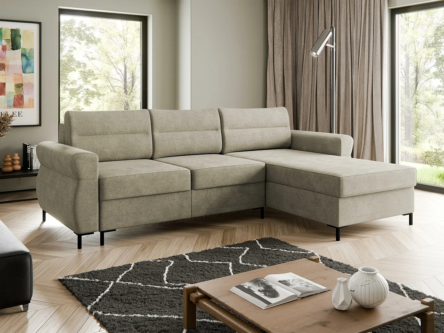 Canapé d'angle Stonecrest 103, Brun clair, Fonction de couchage, Boîte de literie, 258cm