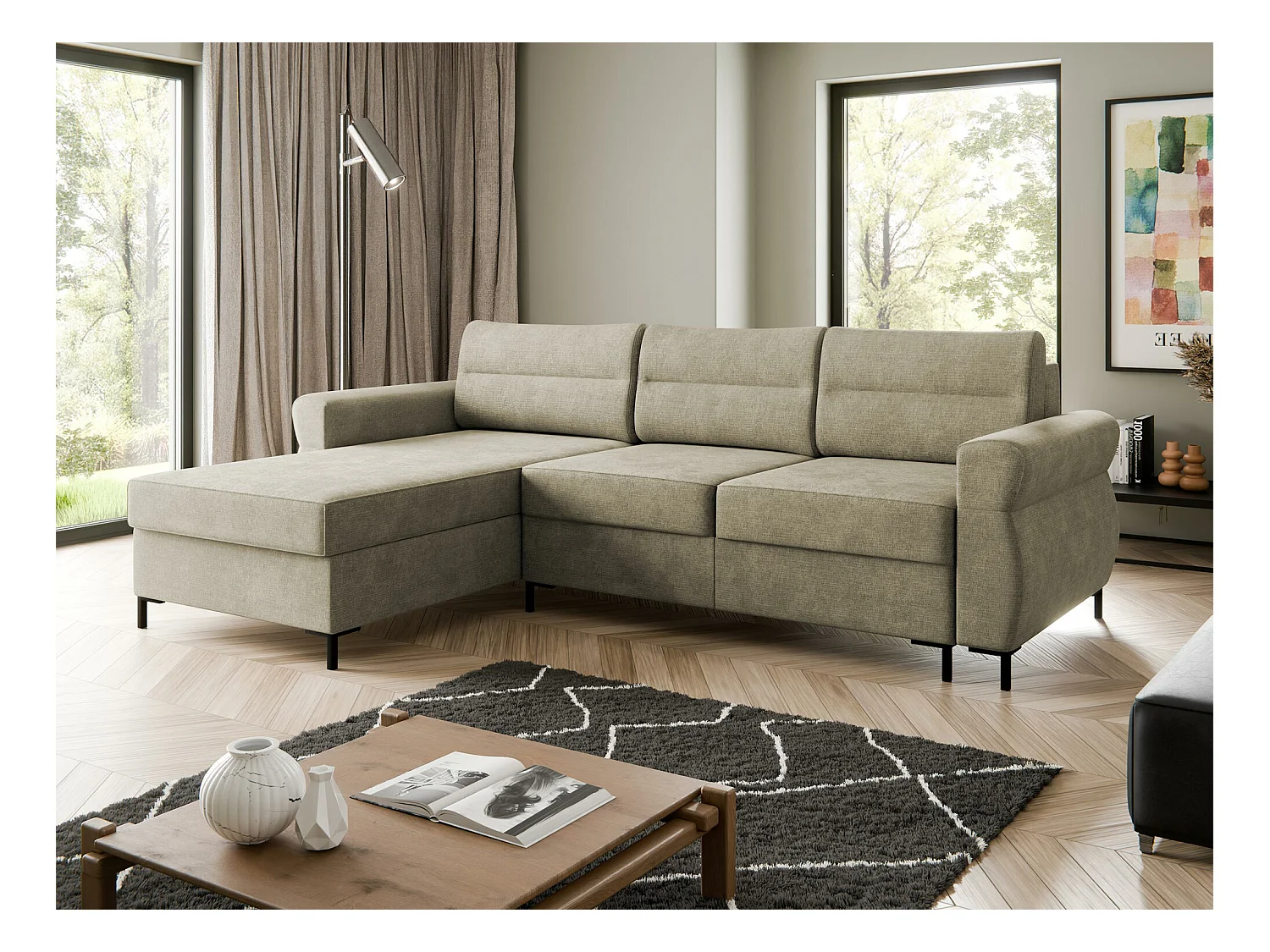 Canapé d'angle Stonecrest 103, Brun clair, Fonction de couchage, Boîte de literie, 258cm