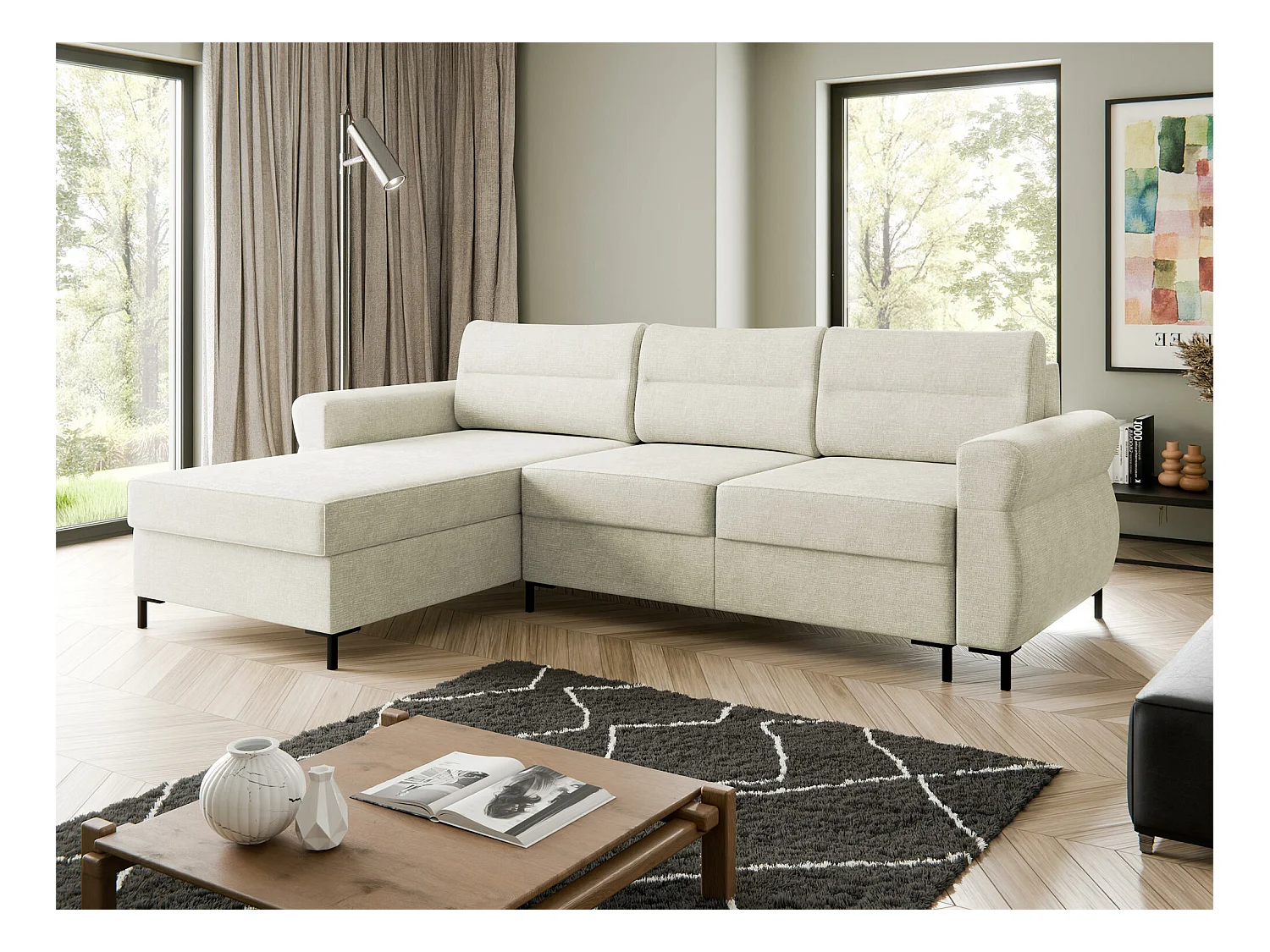 Canapé d'angle Stonecrest 103, Brun clair, Fonction de couchage, Boîte de literie, 258cm