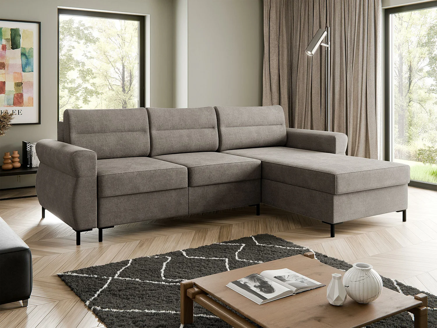 Canapé d'angle Stonecrest 103, Gris, Fonction de couchage, Boîte de literie, 258x170x92cm