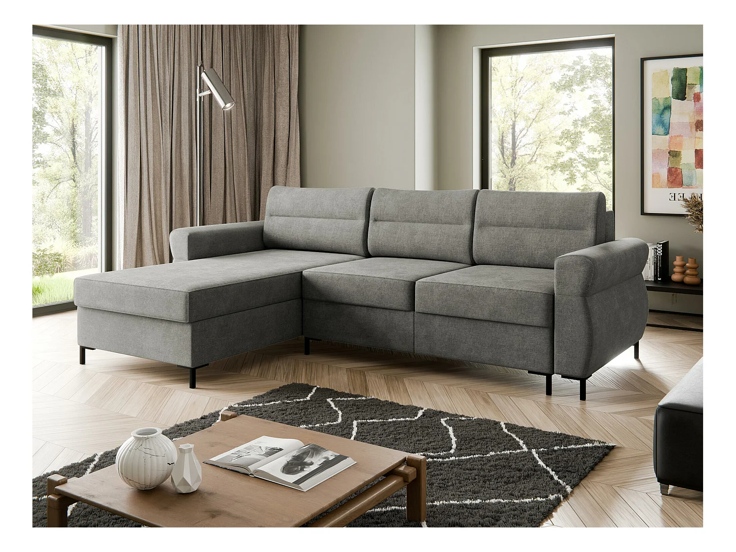 Canapé d'angle Stonecrest 103, Gris, Fonction de couchage, Boîte de literie, 258x170x92cm