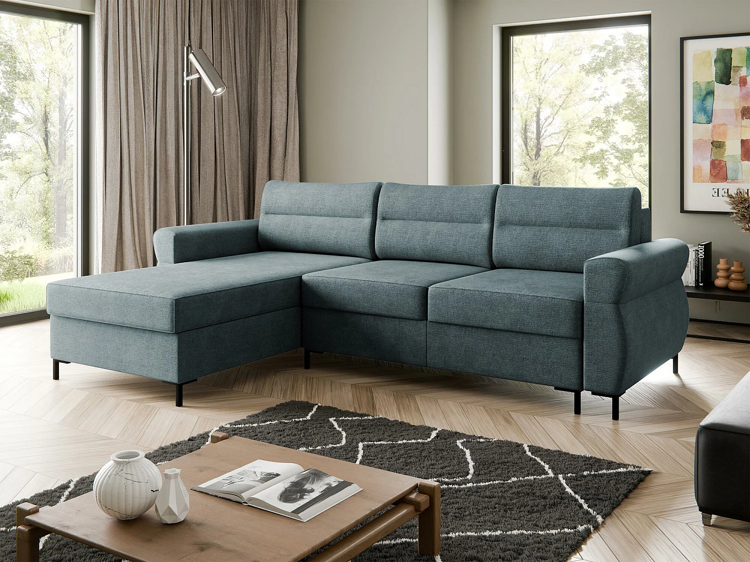 Sofá de canto Stonecrest 103, Azul, Funcionalidade de dormir