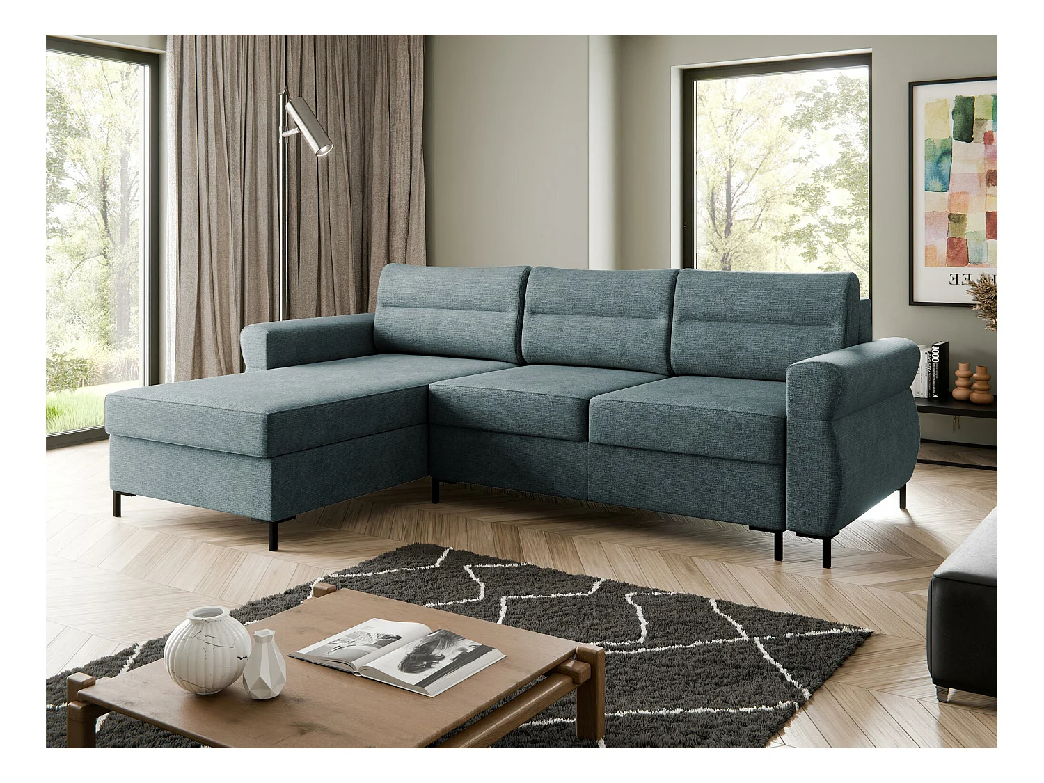 Canapé d'angle Stonecrest 103, Bleu, Fonction de couchage, Boîte de literie, 258x170x92cm