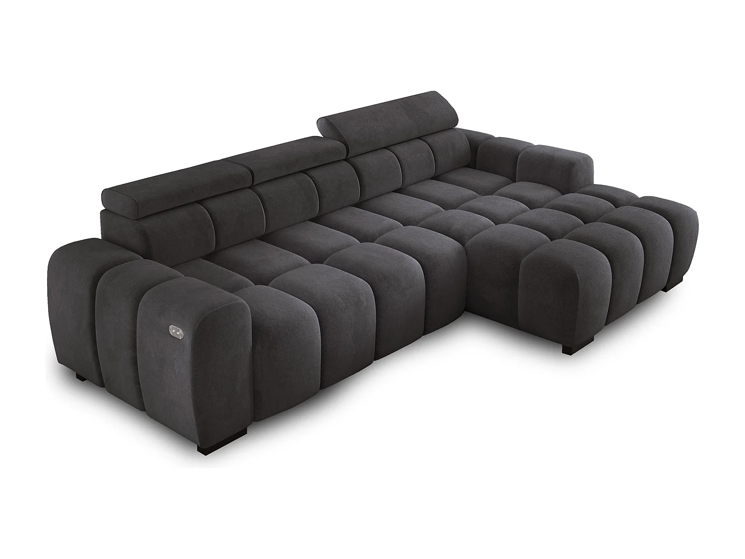 Ecksofa OMBO 285x168x77/97 cm, Rechts, Schlaffunktion, elektr. Sitz, Kopfstützen, Buche dunkel, hydrophober SALVADOR-Stoff – Graphit