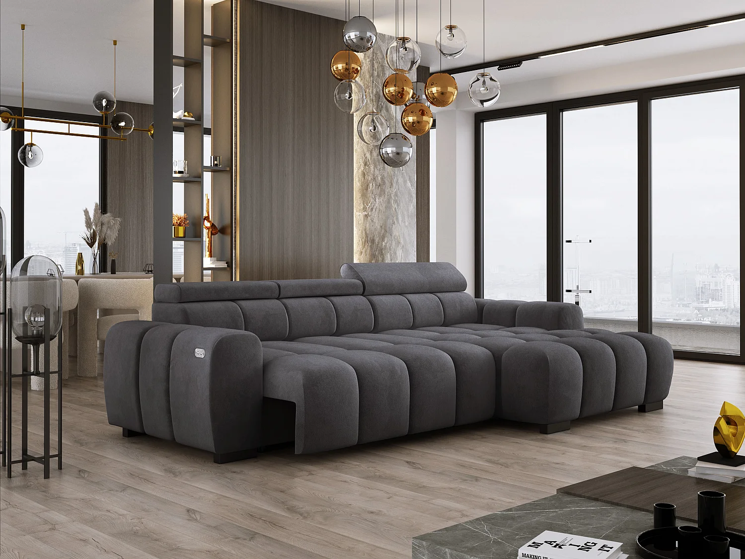 Ecksofa OMBO 285x168x77/97 cm, Rechts, Schlaffunktion, elektr. Sitz, Kopfstützen, Buche dunkel, hydrophober SALVADOR-Stoff – Graphit