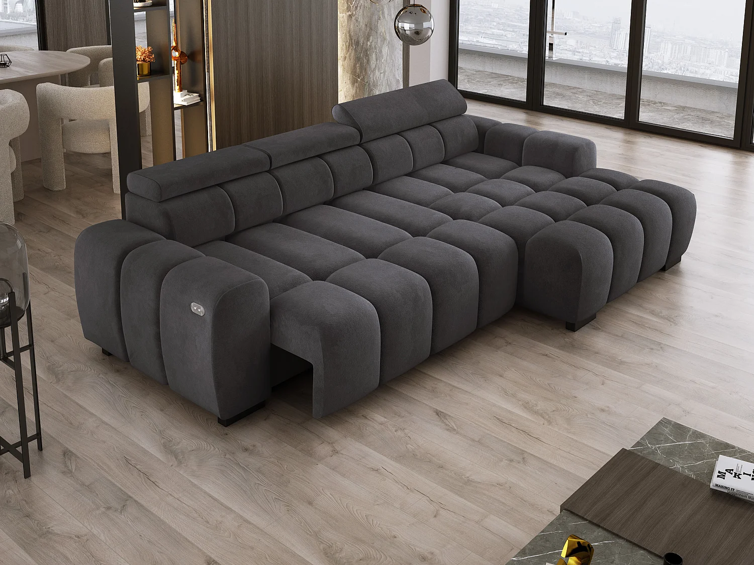 Ecksofa OMBO 285x168x77/97 cm, Rechts, Schlaffunktion, elektr. Sitz, Kopfstützen, Buche dunkel, hydrophober SALVADOR-Stoff – Graphit