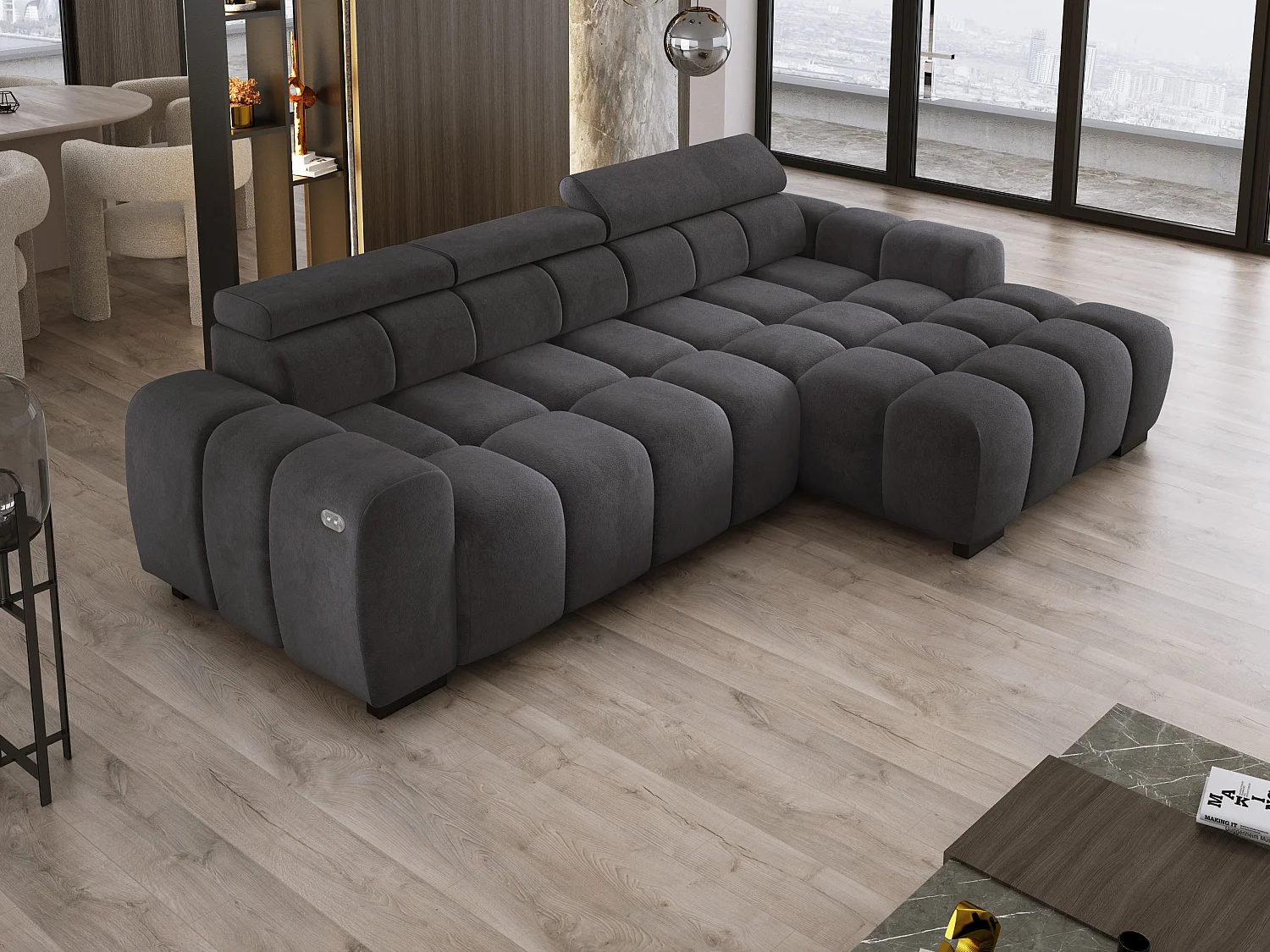 Ecksofa OMBO 285x168x77/97 cm, Rechts, Schlaffunktion, elektr. Sitz, Kopfstützen, Buche dunkel, hydrophober SALVADOR-Stoff – Graphit