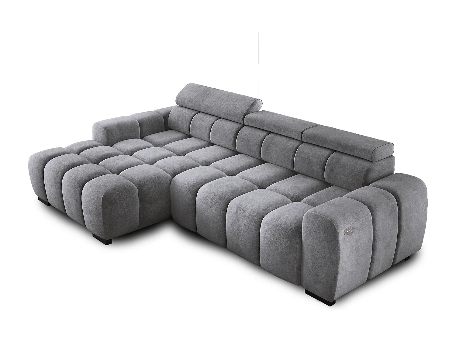 Ecksofa OMBO 285x168x77/97 cm, Links, Schlaffunktion, elektr. Sitz, Kopfstützen, Buche dunkel, hydrophober SALVADOR-Stoff – Graphit