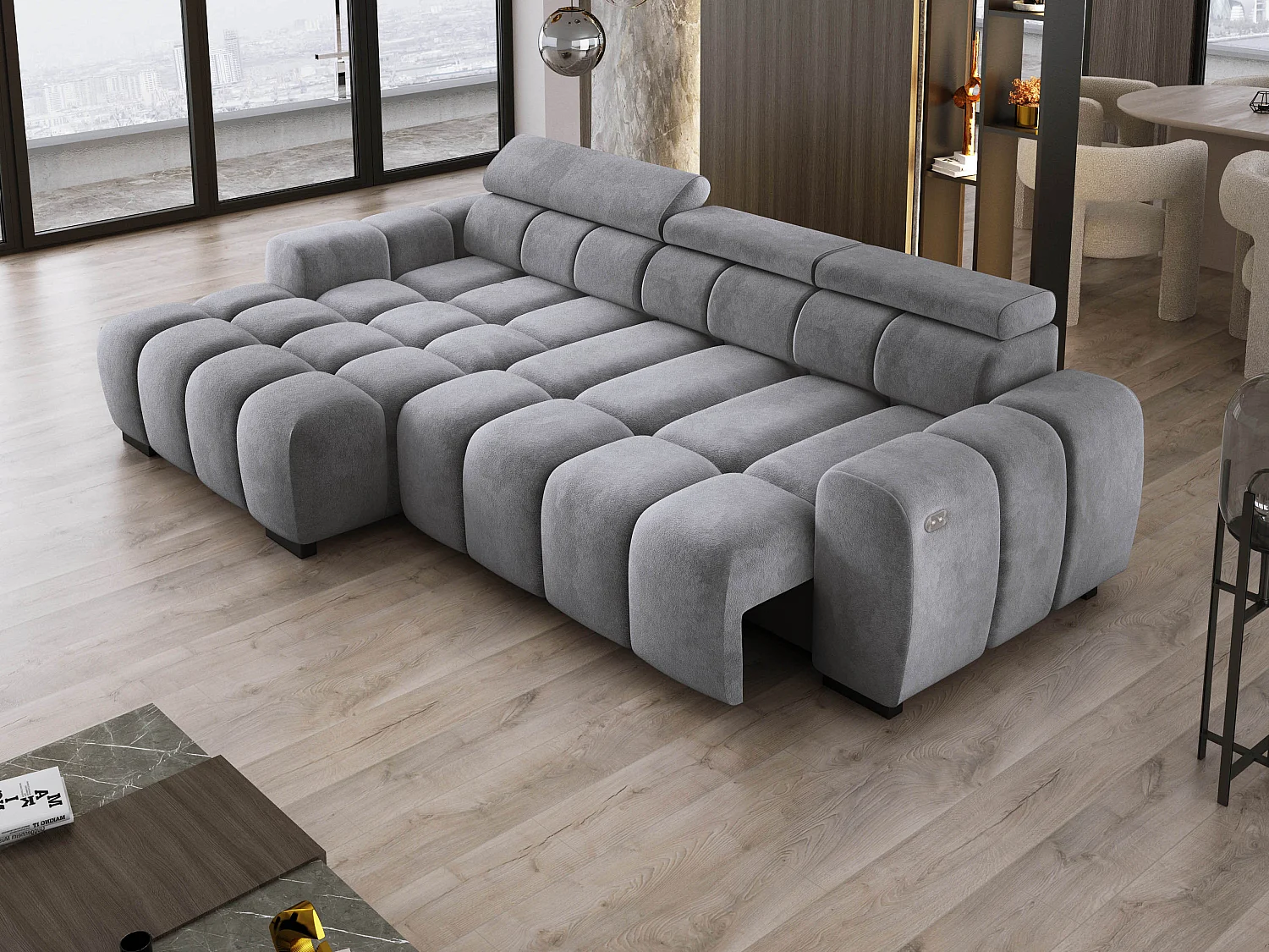 Ecksofa OMBO 285x168x77/97 cm, Links, Schlaffunktion, elektr. Sitz, Kopfstützen, Buche dunkel, hydrophober SALVADOR-Stoff – Graphit
