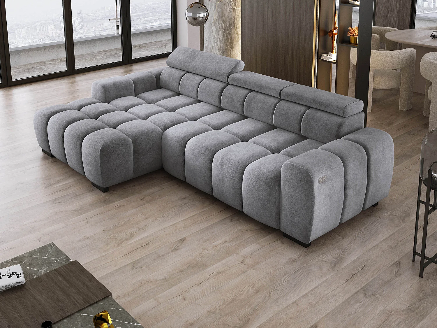 Ecksofa OMBO 285x168x77/97 cm, Links, Schlaffunktion, elektr. Sitz, Kopfstützen, Buche dunkel, hydrophober SALVADOR-Stoff – Graphit