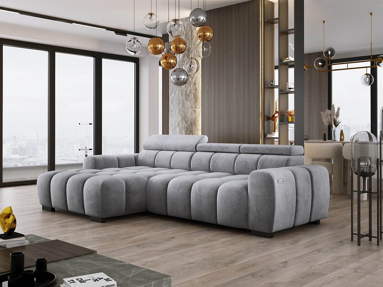 Ecksofa OMBO 285x168x77/97 cm, Links, Schlaffunktion, elektr. Sitz, Kopfstützen, Buche dunkel, hydrophober SALVADOR-Stoff – Graphit