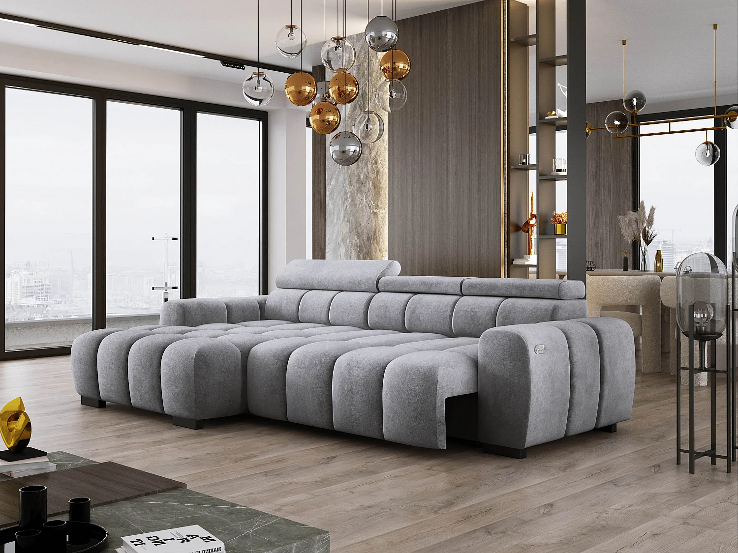 Ecksofa OMBO 285x168x77/97 cm, Links, Schlaffunktion, elektr. Sitz, Kopfstützen, Buche dunkel, hydrophober SALVADOR-Stoff – Graphit