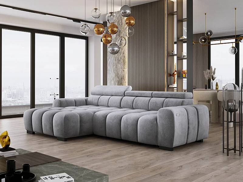 Canapé d'angle OMBO 285x168x77/97 cm, gauche, convertible, siège électr., appuie-têtes, hêtre foncé, tissu hydrophobe SALVADOR – Graphite