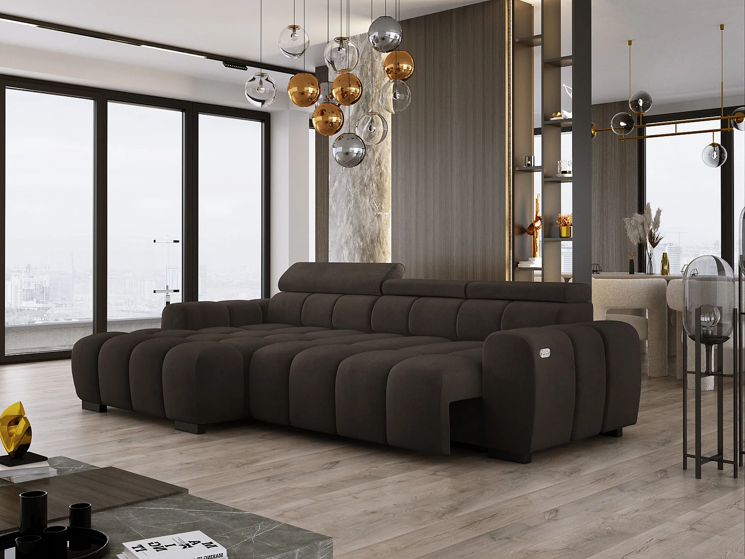 Hoekbank OMBO 285x168x77/97 cm, Linkerkant, Slaapfunctie, Elektrisch Uitschuifbaar Zitvlak, Verstelbare Hoofdsteunen, Olijfgroene SALVADOR-stof