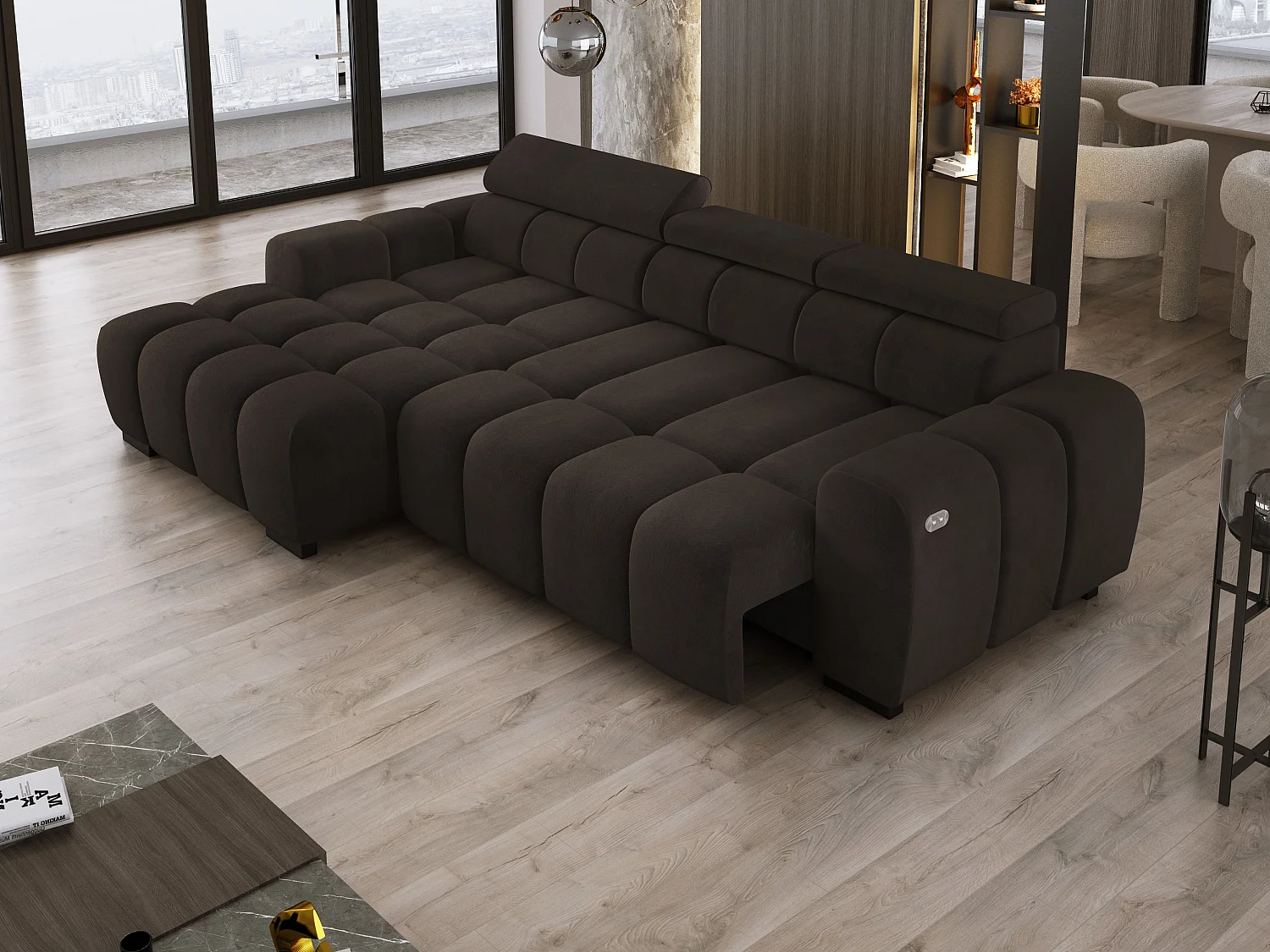 Hoekbank OMBO 285x168x77/97 cm, Linkerkant, Slaapfunctie, Elektrisch Uitschuifbaar Zitvlak, Verstelbare Hoofdsteunen, Olijfgroene SALVADOR-stof