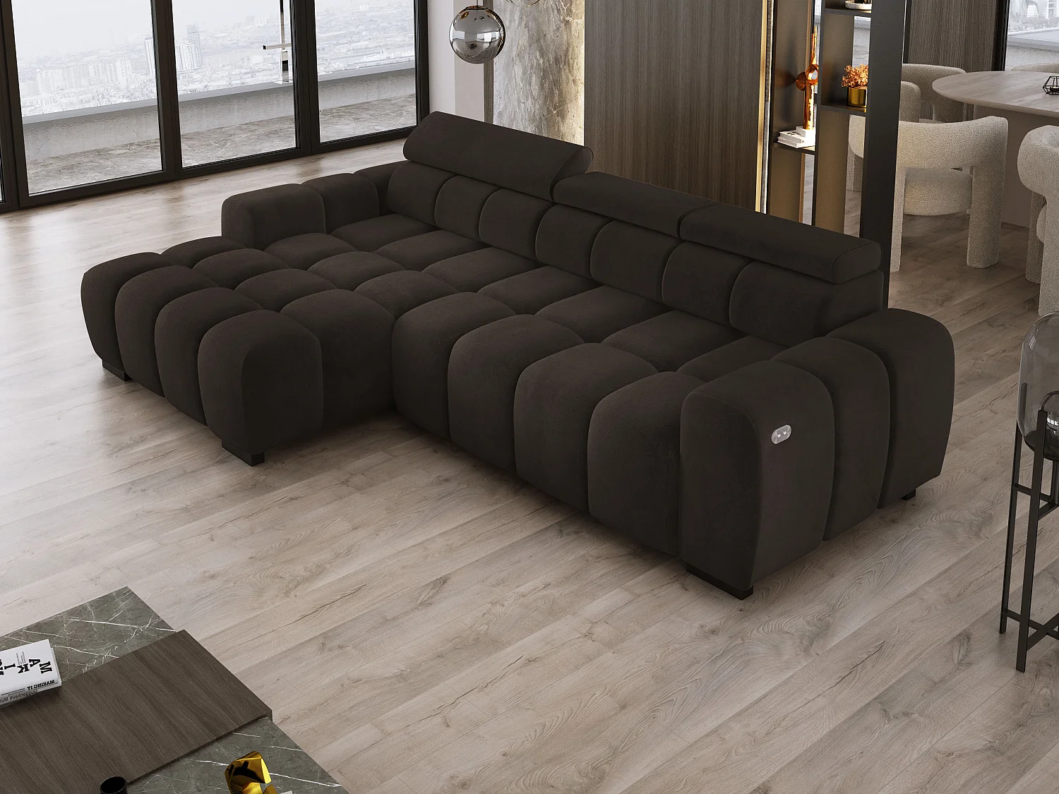 Hoekbank OMBO 285x168x77/97 cm, Linkerkant, Slaapfunctie, Elektrisch Uitschuifbaar Zitvlak, Verstelbare Hoofdsteunen, Olijfgroene SALVADOR-stof